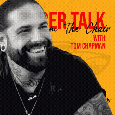 A Man With A Beard Is Smiling On The Cover Of A Book Called Talk In The Chair With Tom Chapman GIF