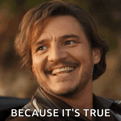 A Man With A Beard Is Smiling With The Words " Because It 'S True " Next To Him GIF