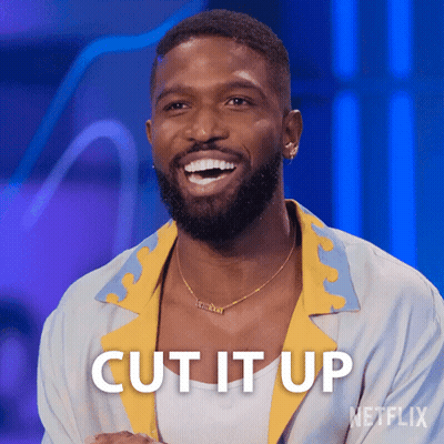A Man With A Beard Is Smiling With The Words Cut It Up In The Background GIF