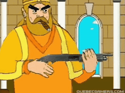 A Man With A Beard Is Smoking A Cigar And Holding A Shotgun . GIF