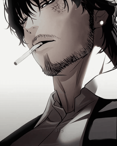 A Man With A Beard Is Smoking A Cigarette And The Word Alc Is On The Bottom Left GIF