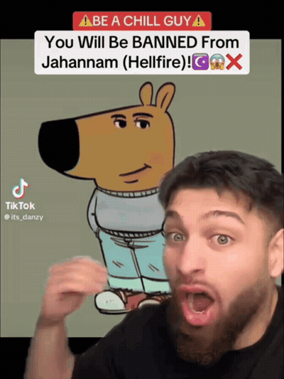 A Man With A Beard Is Standing In Front Of A Cartoon Character That Says Be A Chill Guy GIF