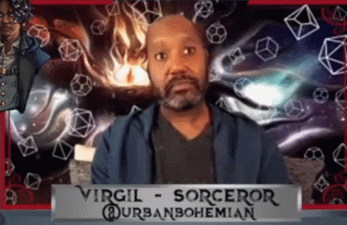 A Man With A Beard Is Standing In Front Of A Sign That Says Virgil Sorceror GIF