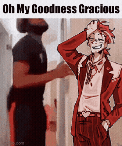 A Man With A Beard Is Standing Next To A Drawing Of A Man In A Red Suit With A Heart Belt . GIF