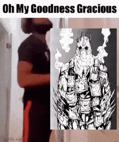 A Man With A Beard Is Standing Next To A Drawing Of A Monster That Says " Oh My Goodness Gracious " GIF