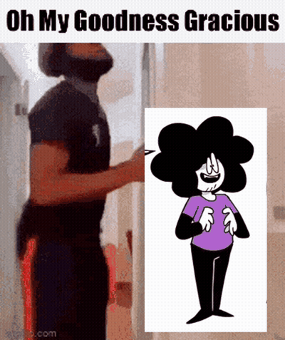 A Man With A Beard Is Standing Next To A Picture Of A Cartoon Character With The Caption Oh My Goodness Gracious GIF