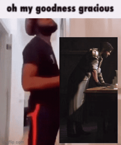 A Man With A Beard Is Standing Next To A Picture Of A Man With A Sword And The Caption Oh My Goodness Gracious GIF