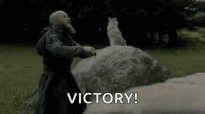 A Man With A Beard Is Standing Next To A Wolf On A Rock . GIF