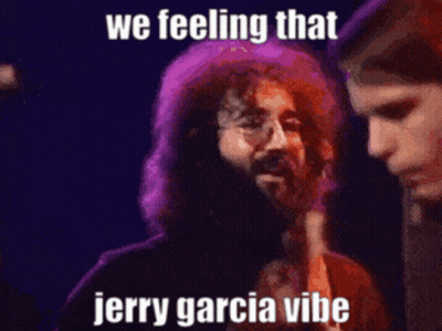 A Man With A Beard Is Standing Next To Another Man With The Words " We Feeling That Jerry Garcia Vibe " GIF