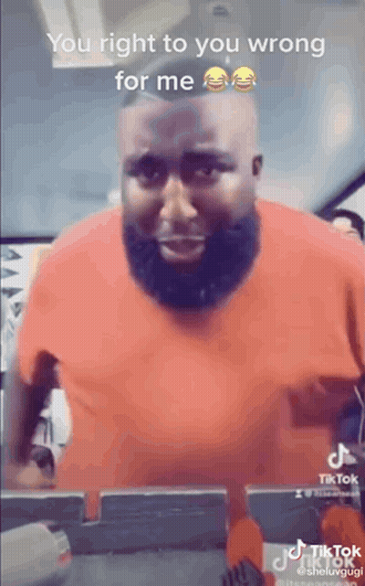 a man with a beard is standing on a treadmill and says `` you right to you wrong for me '' .