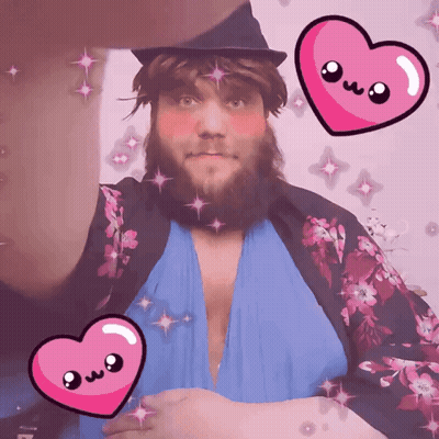A Man With A Beard Is Surrounded By Pink Hearts With The Letters Owo On Them GIF
