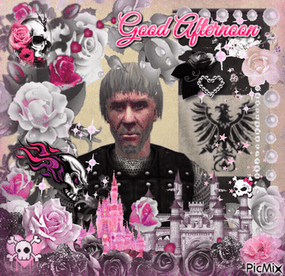A Man With A Beard Is Surrounded By Pink Roses And A Castle And Says Good Afternoon GIF