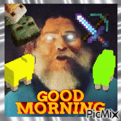A Man With A Beard Is Surrounded By Pixelated Animals And The Words Good Morning GIF