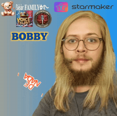 A Man With A Beard Is Surrounded By Various Logos Including Bear Family Voice Talent Starmaker And De Nada GIF
