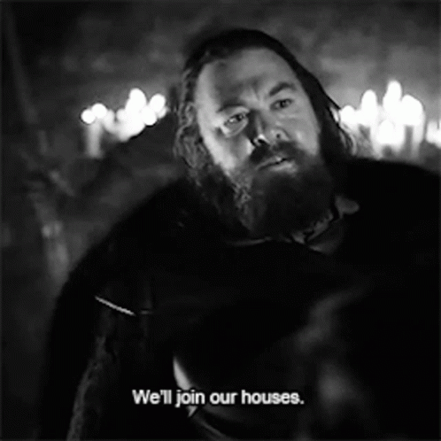 A Man With A Beard Is Talking In A Black And White Photo And Says `` We 'Ll Join Our Houses '' . GIF