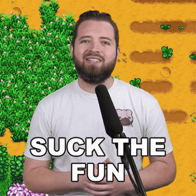 A Man With A Beard Is Talking Into A Microphone With The Words Suck The Fun Above Him GIF