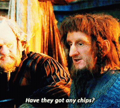 A Man With A Beard Is Talking To Another Man And Says " Have They Got Any Chips " GIF