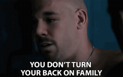 A Man With A Beard Is Talking To Another Man And Says `` You Don 'T Turn Your Back On Family '' GIF