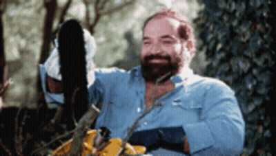 A Man With A Beard Is Using A Chainsaw To Cut A Tree Branch GIF