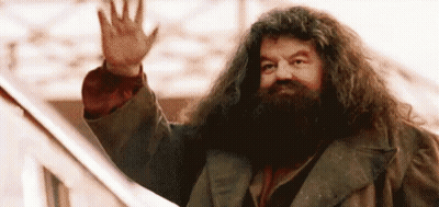 A Man With A Beard Is Waving His Hand In Front Of A Building . GIF