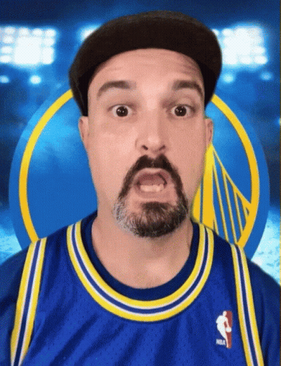 A Man With A Beard Is Wearing A Blue And Yellow Nba Jersey GIF