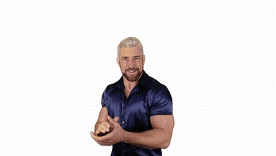 A Man With A Beard Is Wearing A Blue Shirt And Dancing GIF