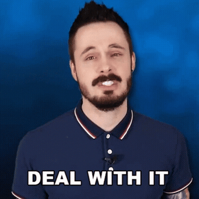 A Man With A Beard Is Wearing A Blue Shirt And Says Deal With It GIF
