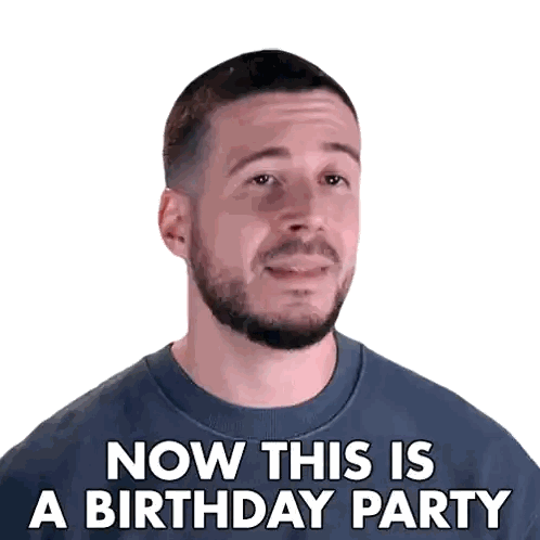 A Man With A Beard Is Wearing A Blue Shirt And Says Now This Is A Birthday Party Sticker