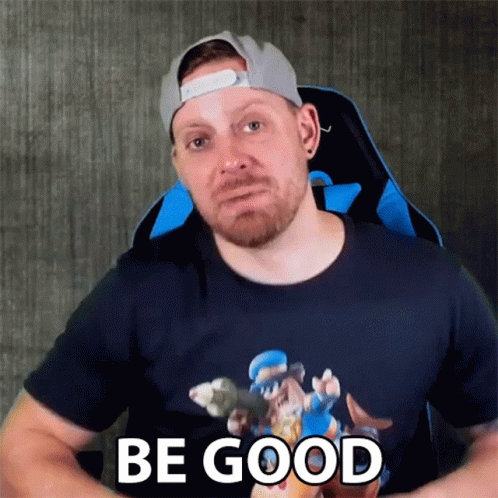 A Man With A Beard Is Wearing A Blue Shirt That Says Be Good GIF