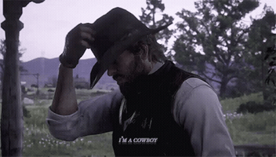 A Man With A Beard Is Wearing A Cowboy Hat And A Vest . GIF