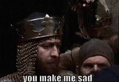 A Man With A Beard Is Wearing A Crown And A Helmet And Says You Make Me Sad . GIF
