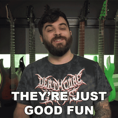 A Man With A Beard Is Wearing A Deadmore Shirt And Says They 'Re Just Good Fun GIF