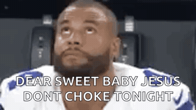 A Man With A Beard Is Wearing A Football Jersey And Says `` Dear Sweet Baby Jesus Dont Choke Tonight '' GIF