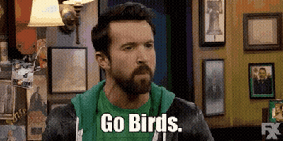 A Man With A Beard Is Wearing A Green Shirt And A Leather Jacket And Says `` Go Birds '' . GIF