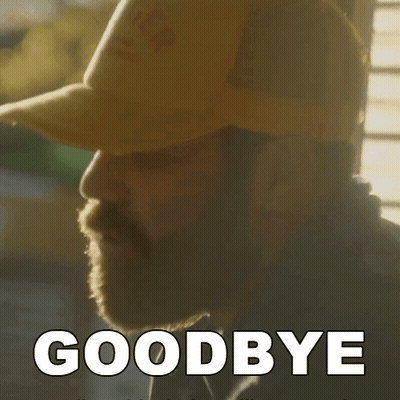 A Man With A Beard Is Wearing A Hat And The Word Goodbye Is Above Him GIF