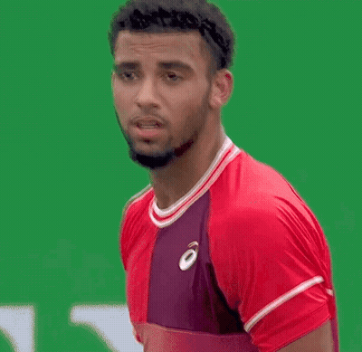A Man With A Beard Is Wearing A Red Shirt And A Purple Shirt . GIF