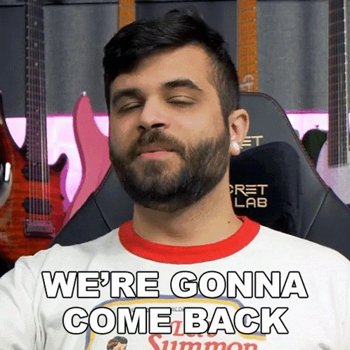 A Man With A Beard Is Wearing A Shirt That Says " We 'Re Gonna Come Back " GIF