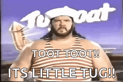 A Man With A Beard Is Wearing A Striped Tank Top With The Words Toot Toot Its Little Tug Written On It . GIF