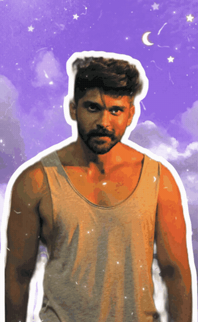 A Man With A Beard Is Wearing A Tank Top With A Purple Sky In The Background GIF