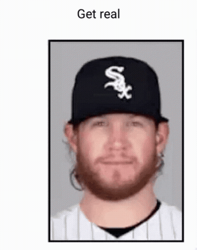 A Man With A Beard Is Wearing A White Sox Hat And A Striped Shirt . GIF