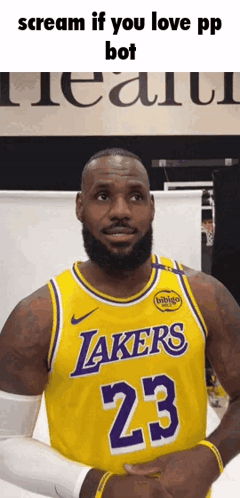 A Man With A Beard Is Wearing A Yellow Lakers Jersey GIF