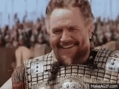 A Man With A Beard Is Wearing Armor And Smiling In Front Of A Crowd . GIF