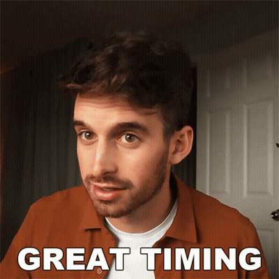 A Man With A Beard Looks At The Camera With The Words Great Timing Behind Him GIF