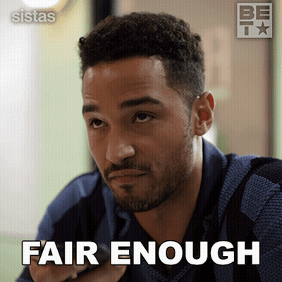 A Man With A Beard Says Fair Enough In Front Of A Sistas Logo GIF