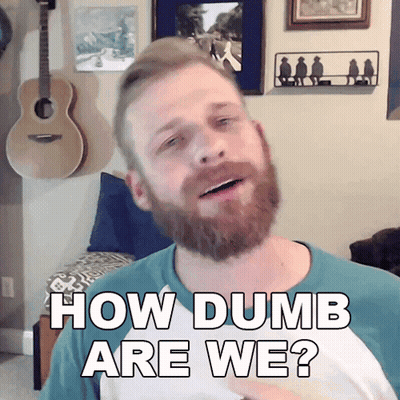 A Man With A Beard Says " How Dumb Are We " In Front Of A Guitar GIF