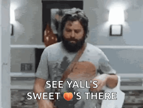 A Man With A Beard Says " See Yall 'S Sweet 'S There " In Front Of A Peach GIF