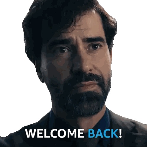 A Man With A Beard Says Welcome Back On A White Background Sticker