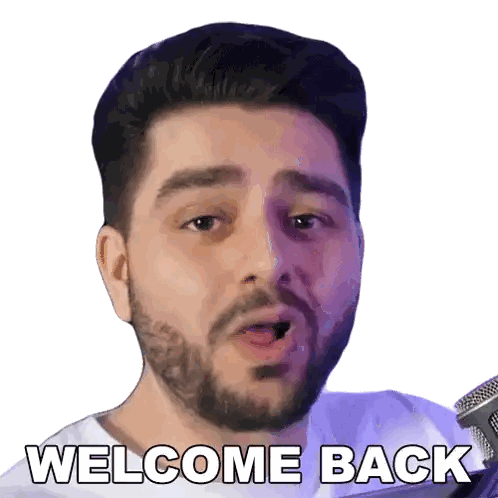 A Man With A Beard Singing Into A Microphone With The Words Welcome Back Below Him Sticker