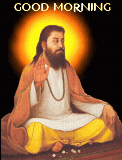 A Man With A Beard Sits In A Lotus Position With The Words " Good Morning " Above Him GIF