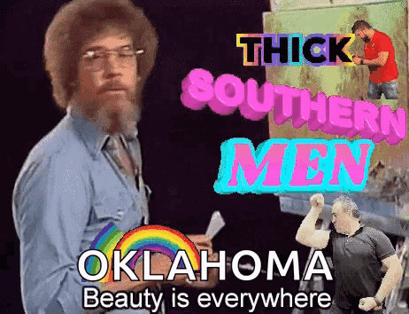 A Man With A Beard Stands In Front Of A Sign That Says Thick Southern Men GIF